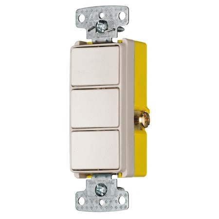 Hubbell Wiring Device-Kellems Switches and Lighting Controls, Combination Devices, Residential Grade, Decorator Series, 3) Three Way Rockers, 15A 120V AC, Side Wired, Light Almond RCD111LA